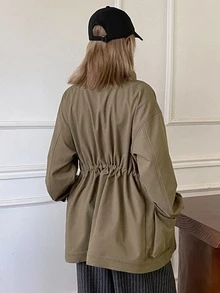 DAZY Women's Solid Color Loose Fit Utility Jacket With Pockets And Zipper, Long Sleeve Casual Streetwear Fall Regular Jacket Everyday Going Out Olive Green - Khaki - View 2