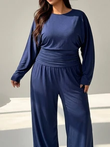 Auralis Blue Two-Piece Set Featuring A Round-Neck, Batwing-Sleeve Top With A Gathered Waist And Loose-Fitting Trousers With An Elastic Waistband-A Comfortable - Navy Blue - View 7