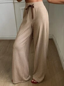 DAZY Plaid Drawstring Tie Straight Leg Long Pants Casual Formal Korean Style Autumn/Winter Women's Sweatpants Vacation - Brown - View 2