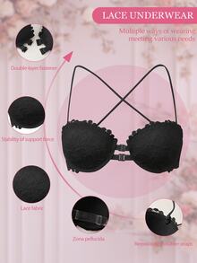 SHEIN 2pcs Women's Sexy Lace Underwire Front Closure Push-Up Bra - Black and White - View 8