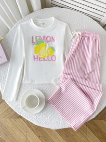 SHEIN 青少年女孩秋冬休閒兩件套，圓領長袖字母與檸檬印花修身上衣搭配條紋印花長褲，日常穿著 - 粉色 - 查看 5