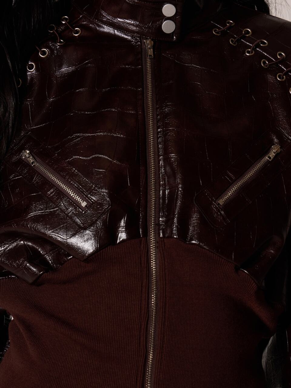 Brown PU Croc Cinched Waist Jacket