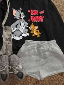 TOM & JERRY X SHEIN SHEIN EZwear 女款卡通圖案休閒日常運動衫 - 黑色 - 查看 9