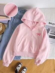 SHEIN 少女寬鬆休閒極簡舒適日常街頭風連帽修身口袋前開襟拉鍊短版長袖運動外套 白色返校穿搭 - 粉色 - 查看 3