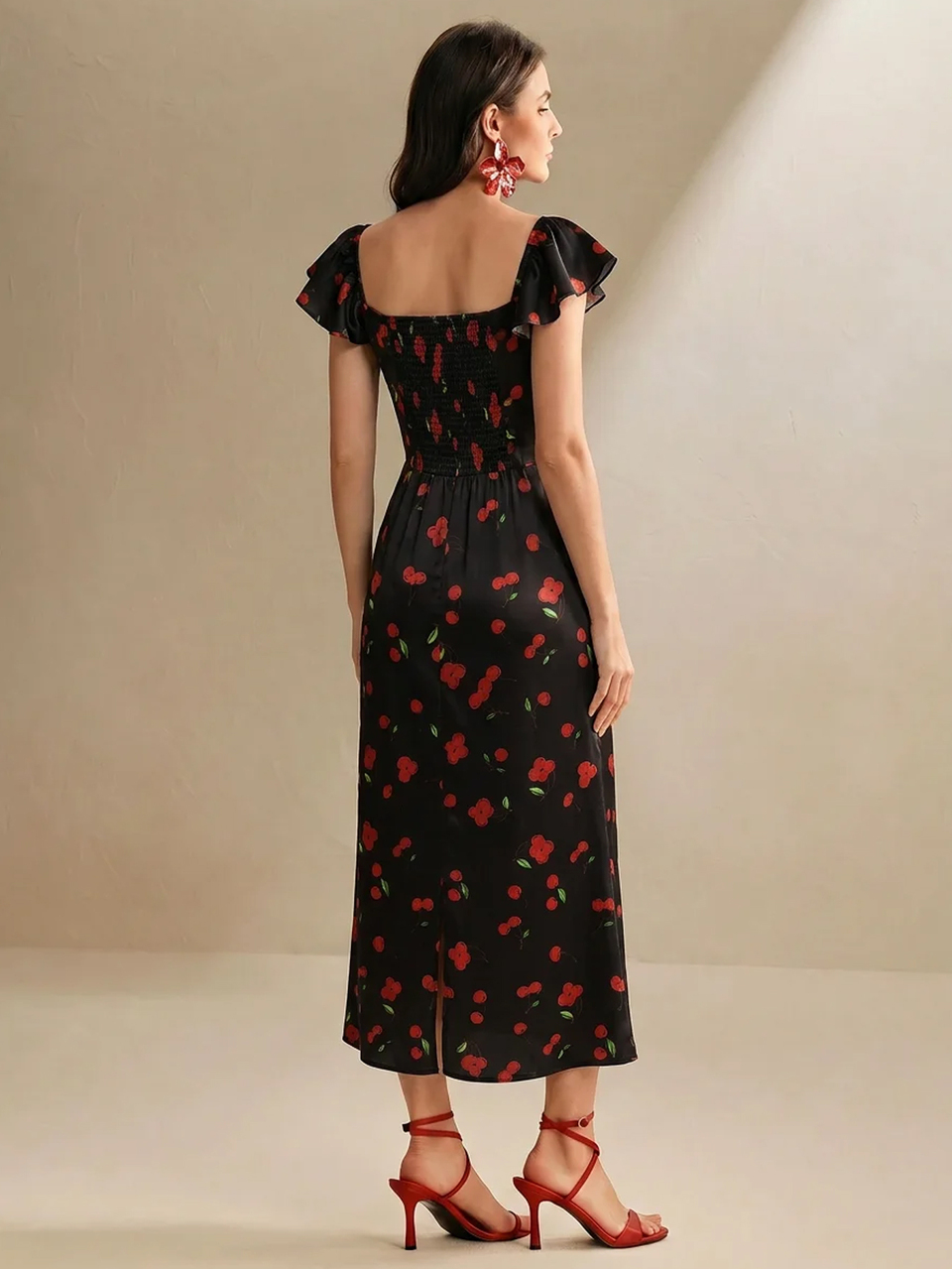 Women's Spring/Summer New Spaghetti Strap Ruffle Sleeve Twisted Bust Design Waist-Cinching Sweet Cherry Satin Print Summer Vacation Dress, Suitable For Office Wear, Vacation, Dating, Shopping And Outings