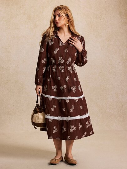 Écloséra Curve Plus Size Women's Bohemian Vacation Style Long Sleeve Dress, Textured Crinkled Tencel Fabric With Frill Hem, Tassel Tie Waist, White Floral Embroidery Lace Patchwork Layered Mid-Length Full Skirt