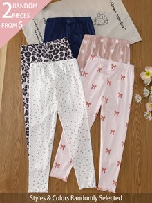 SHEIN 2件隨機女童幼兒可愛愛心豹紋星星圖案印花短袖上衣與長褲套裝，柔軟針織粉色米色休閒四季穿搭內搭褲 - 彩色 - 查看 2