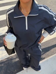 Muchica 女款秋季新款皇家藍休閒寬鬆拼接織帶立領夾克褲套裝 - 藏蓝色 - 查看 3