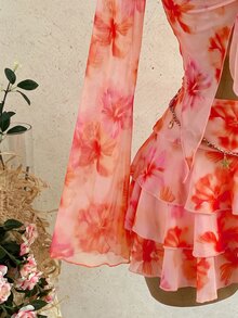 Soleia 女款春夏度假復古花卉與字母印花前綁帶長袖罩衫 + 迷你層次裙 2件套，休閒、約會、下午茶、海灘、郵輪、公路旅行、城市度假、音樂節、派對、嬉皮、日常通勤 - 粉色 - 查看 5