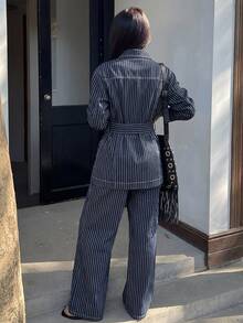 DAZY Teen Girl Button-Up Pocket Long Sleeve Jacket And Striped Long Pants Denim Set Fall - Dark Wash - View 2