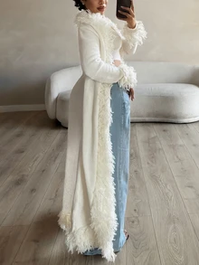 Slaydiva American Pure Desire Style Frayed Hem Tassel Extra Long Sleeve Cover Up Deep V Neck Cinched Waist Slim Fit High Slit Long Knit Cover-Up Street Beige White Jacket Date Night Club Casual Cover-Up-A - Apricot - View 3