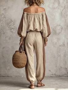 Glimmora Women's Colorblock Striped Shoulder Top And Pants 2 Pieces Set - Brown - View 2