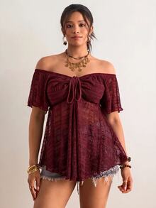 Freevana Plus Size Women's Vacation Ruched Tie Off Shoulder Top - Burgundy - View 3