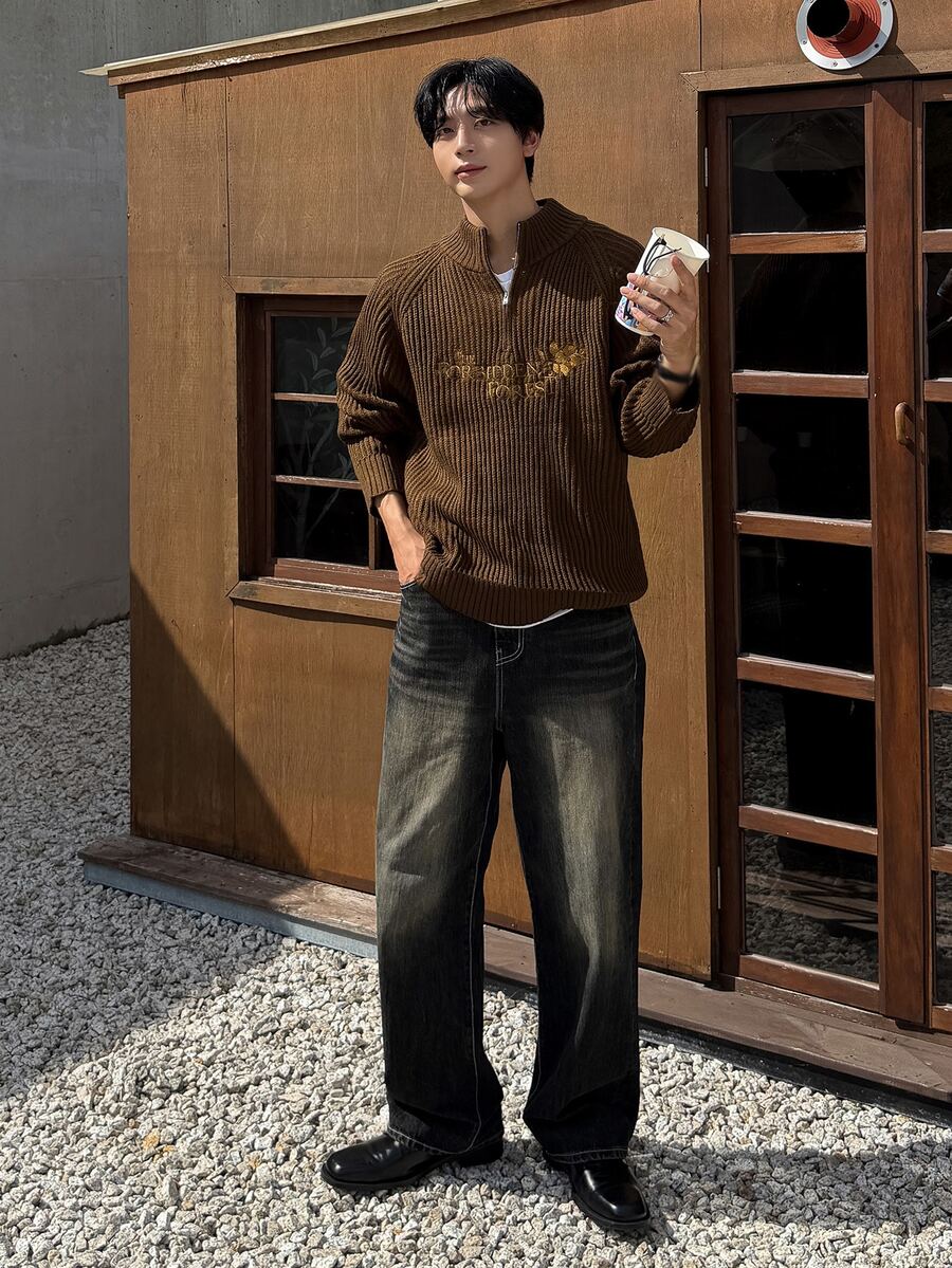 DAZY Men's Embroidered Street Vintage Zip Half-Placket Sweater - Brown - View 1