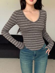 DAZY 女款休閒條紋長袖T恤，秋季 - 藍色和黑色 - 查看 6