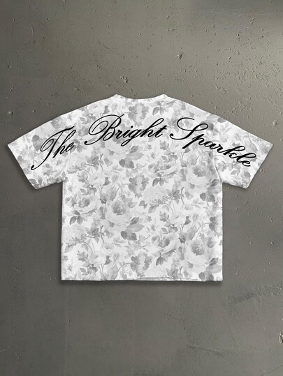 StoneGrade American Retro Gray Floral Dark Pattern Curved English Typography Fashion Print Men's White Standard Size Drop Shoulder Loose Fit Short Sleeve T-Shirt