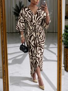 SHEIN Lady CURVE Plus Size Women's Zebra Print V-Neck 3/4 Sleeve Knot Design Elegant Dress Fall - Multicolor - View 1