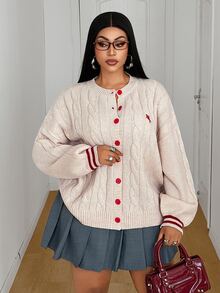 Maweii Plus Size Women's Textured Cable Knit Button Embroidered Equestrian Casual Cardigan - Apricot - View 5