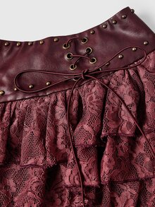ROMWE Hippie Sporty Sexy Polka Dot Colorblock Patchwork Double Layer Pleated Low Waist Skirt For Women - Burgundy - View 3