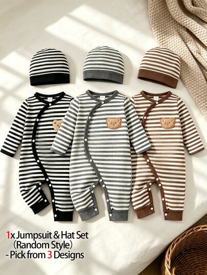 SHEIN Vintaside Kids Newborn Baby Boys Striped Bear Patch Romper