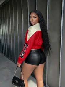 Slaydiva Jaket Varsity Pendek Wanita Warna Merah Putih Blok Kulit Imitasi Nomor 2 Nomor 3 Bordir Kancing Jepret Manset Rib Longgar Gaya Y2K Hip Hop Baseball Bomber Coat - Red and White - View 5