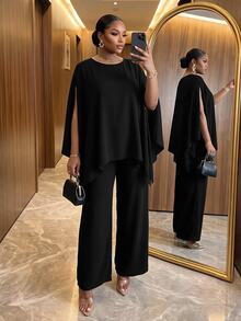 SHEIN Lady Plus Size Elegant Party Cape Sleeve Top And Pants 2 Pieces Set - Black - View 4