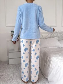 SHEIN 愛心法蘭絨長袖上衣與長褲睡衣套裝 - 藍色 - 查看 2