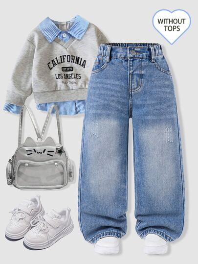 SHEIN Young Girl Y2K Street Daily Elastic Waist Straight Jeans With Flat Pockets Daily OOTD Autumn Winter