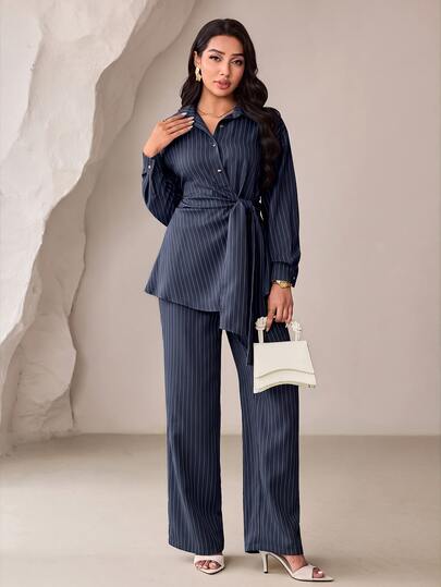 Veilorie Women's Single-Breasted Long Sleeve Waist-Knot Striped Casual Elegant Smart Casual Shirt And Pants Set Office Fall
