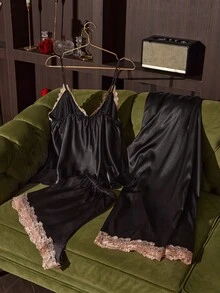 SilkySpell Women's Sexy Contrast Color Embroidered Lace V-Neck Satin Camisole, Shorts And Pants Plus Size 3-Piece Pajama Set - Black - View 2