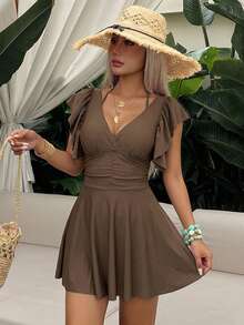 Livesso Women's Korean Style Ruffle Cuff Pleated Swim Dress Vacation - Brown - View 5
