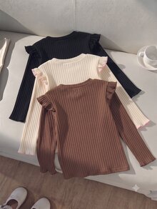 Genkimix Kids 3件組女童秋冬針織打底衫，百搭圓領刺繡蝴蝶結長袖T恤 - 彩色 - 查看 6