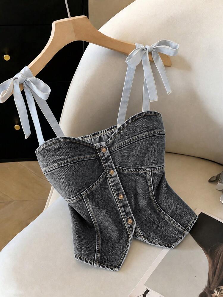 GlowEve Fall Halloween Vintage Sexy Button Up Bow Strapless Black Denim Daily Wear Denim Top For Women - Grey - View 4