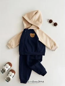 Cozy Pixies 男嬰卡通熊圖案拼色長袖秋冬夾克彈性腰長褲2件套，保暖內裡加厚，適合冬季 - 藏蓝色 - 查看 3