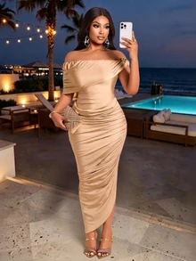 Brilight Off Shoulder Ruched Midi Bodycon Dress, Draped Asymmetrical Cocktail Dress For Party Wedding Guest F - Khaki - View 4