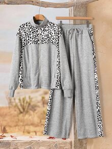 Rusticease Women's Leopard Print Patchwork Jacket & Pants 2 Pieces Set - Grey - View 1