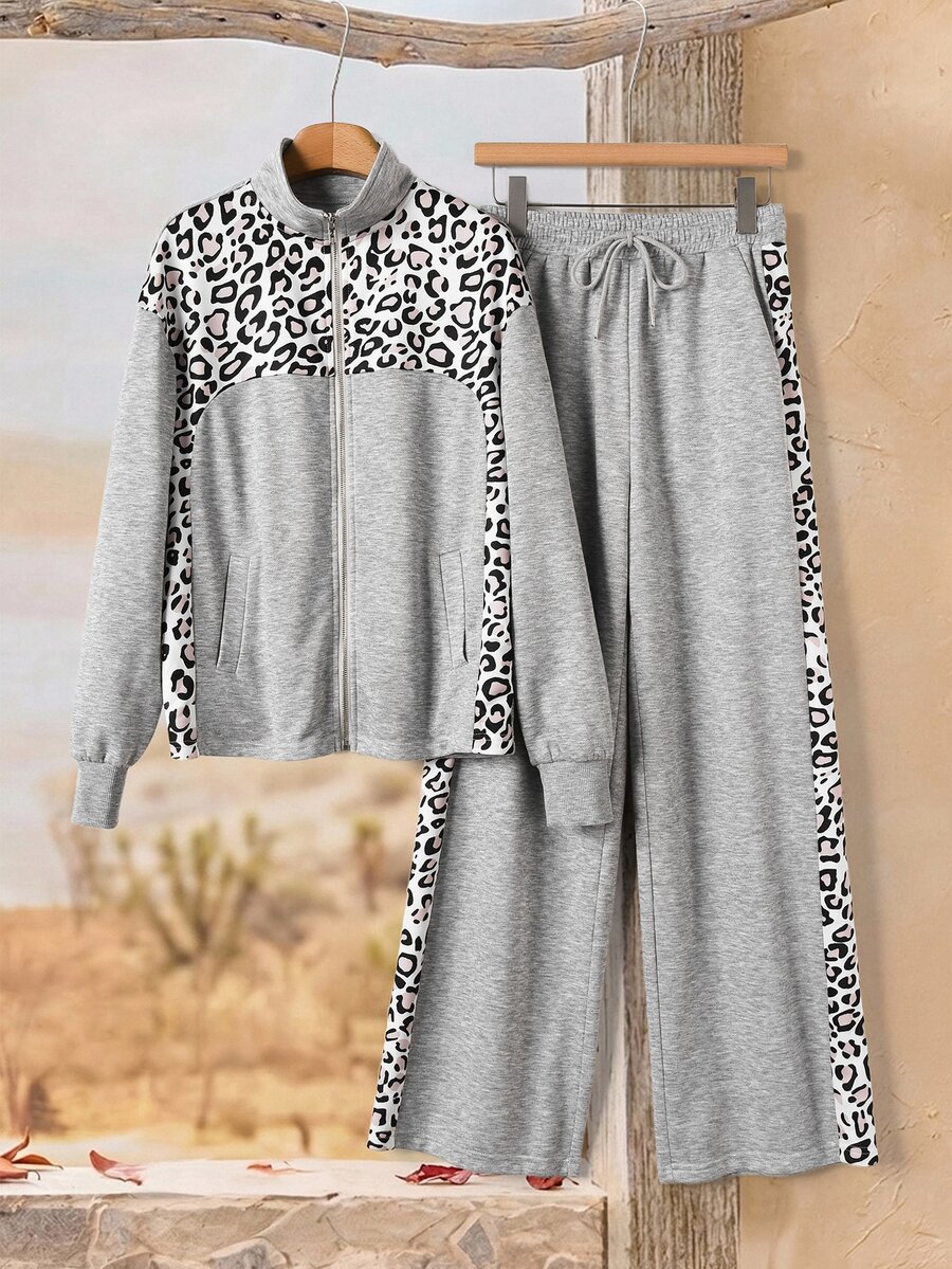Rusticease Women's Leopard Print Patchwork Jacket & Pants 2 Pieces Set - Grey - View 1
