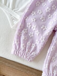 SHEIN Vintaside Kids 2件組女嬰連身衣+長褲，甜美優雅白色紫色羅紋花卉提花蝴蝶結設計，荷葉袖長袖圓領，生日派對秋季穿搭 - 紫色 - 查看 7