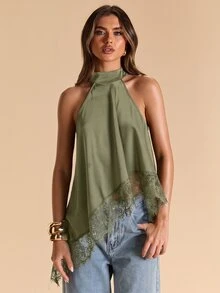 SHEIN BAE 春夏女裝，女士春夏款，純黑色性感極簡優雅掛脖露背蕾絲飾邊拼接女款背心，高端緞面仿絲女款背心，派對聚會雞尾酒上衣，正式場合聚會上衣，黑色蕾絲緞面拼接女士性感上衣，雞尾酒會，商務休閒女裝，外出上衣 - 軍綠色 - 查看 5