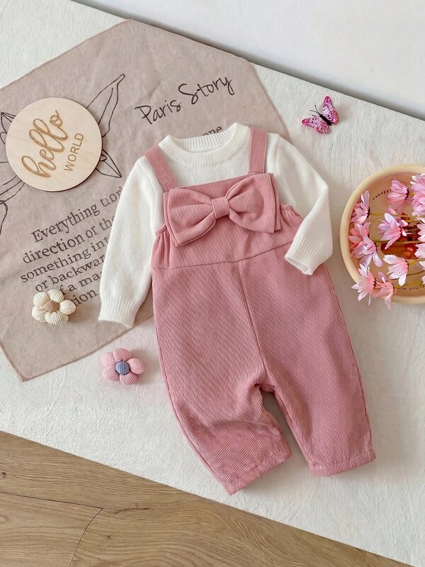SHEIN Babygirl Pink Versatile Cute Bow Corduroy Overalls
