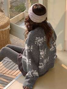 DAZY Women's Colorblock Pattern Jacquard Loose Long Sleeve Crew Neck Casual Vacation Autumn/Winter Knit Cardigan - Grey - View 9