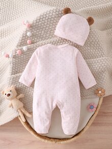 SHEIN Playful Pals Newborn Comfortable Soft Plush Pink Polka Dot Teddy Bear Applique Embroidery 3D Bow Decor Round Neck Fleece Footed Jumpsuit With Hat Autumn Winter - Baby Pink - View 3