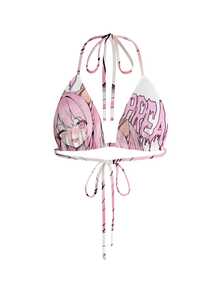ROMWE Y2K Plus Size Women's Cartoon Pattern Casual Daily Halter Neck Tie Top - White - View 1