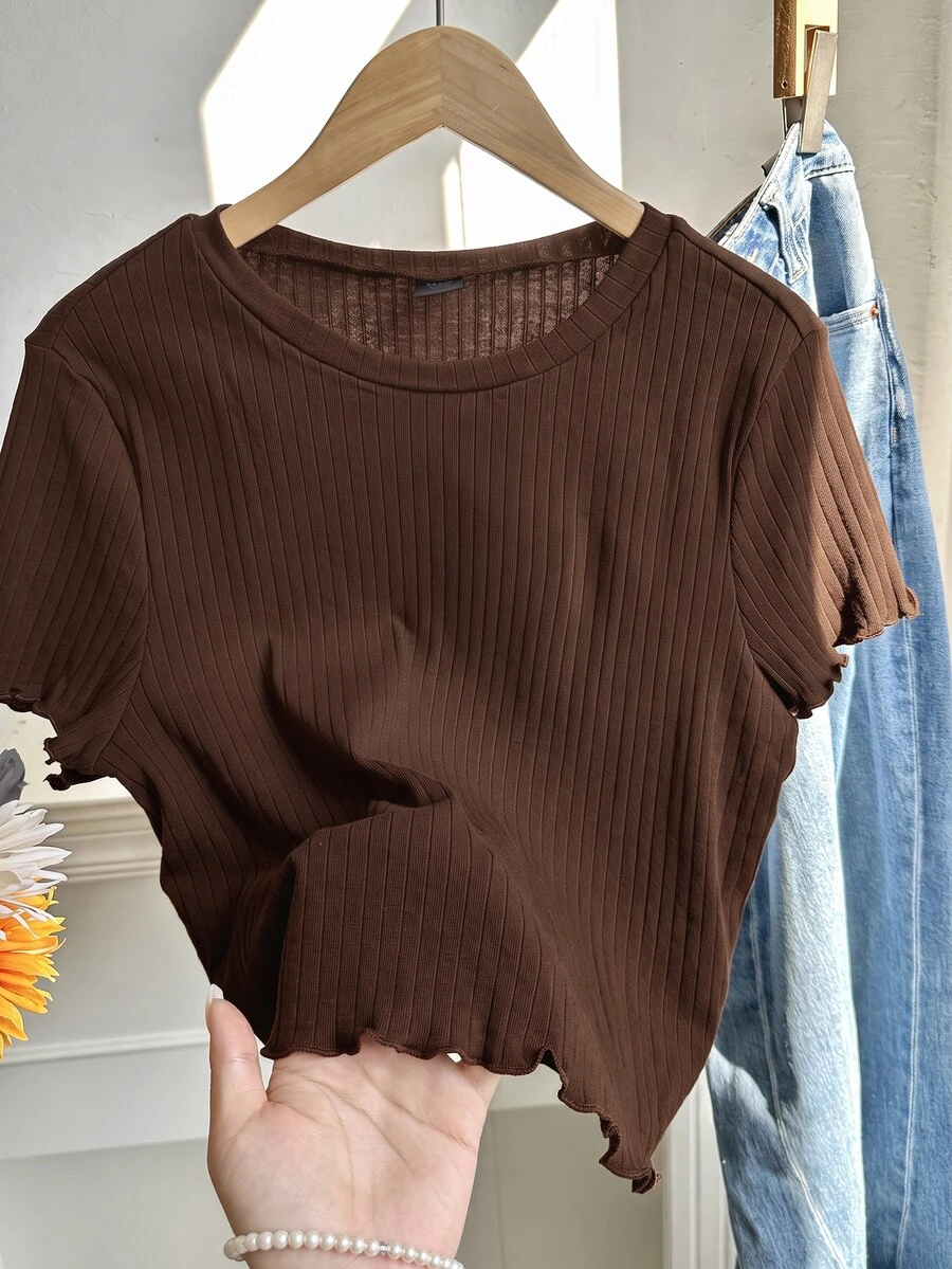 Comfortcana Plus Size Women's Solid Color Crew Neck Short Sleeve Ribbed Casual T-Shirt - Brown - View 1