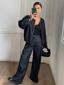 Livesso Tall Women's Round Neck Denim Jacket And Loose Straight Leg Pants Casual Denim Set Fall Everyday Dark Blue - Dark Wash - View 3