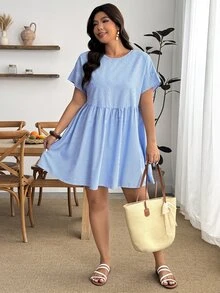 Enliva 大尺碼女款春夏時尚休閒寬鬆舒適透氣日常百搭顯瘦藍色條紋短袖襯衫洋裝，女款襯衫洋裝，夏季穿搭，極簡風，可愛曲線服飾 - 寶藍色 - 查看 6