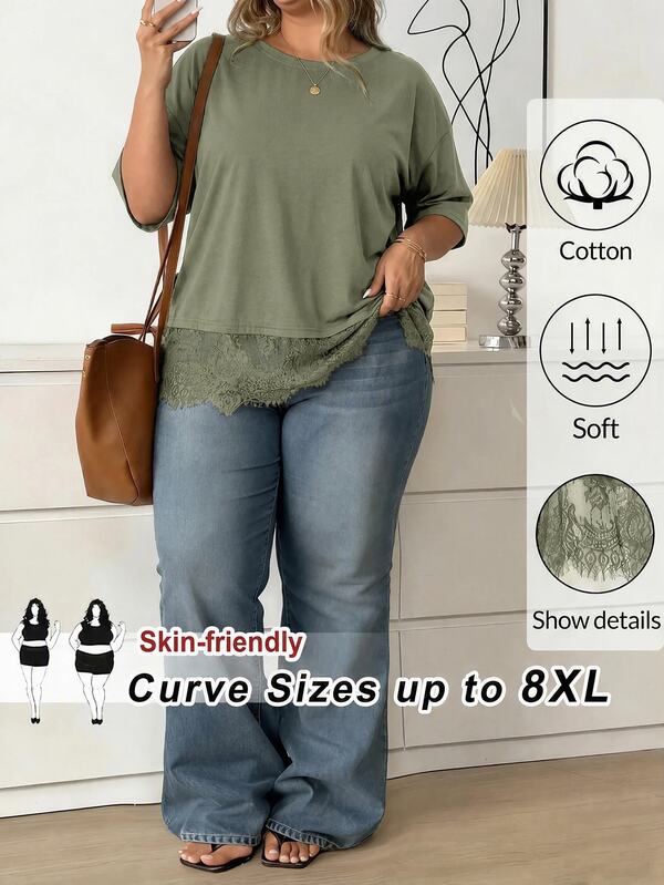 SHEIN CURVE+ Plus Size Women's Cotton Blend T-Shirt With Elegant Lace Hem, Short Sleeve Round Neck Design, Comfortable And Casual; Fashionable Military Green Cotton T-Shirt With Delicate Lace Trim, Suitable For Daily Wear, Also Can Be Used As A Fashionable Top For Valentine's Day Or New Year Party