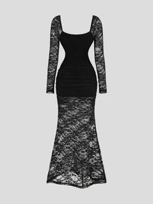 Sweetra Y2K Sexy Lace Elegant Party Commute Long Dress - Black - View 2
