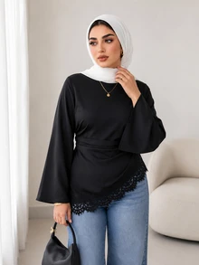 Solavon Plus Size Solid Color Lace Patchwork Asymmetric Hem Shirt - Black - View 1