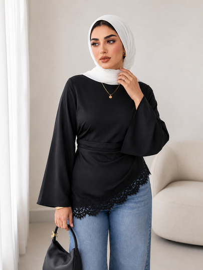 Solavon Plus Size Solid Color Lace Patchwork Asymmetric Hem Shirt